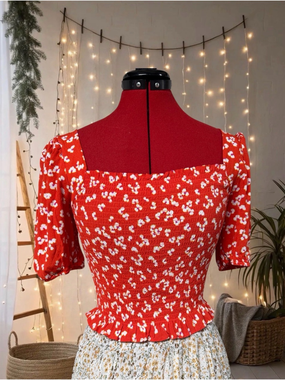 Azoe Bright Red orange Floral Smocked Square-Neck Crop Top